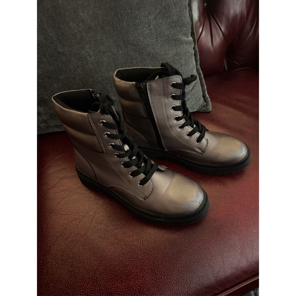 Sincerely Jules Harley Metallic Silver Combat Boots Side Zip Lace Up Size 5